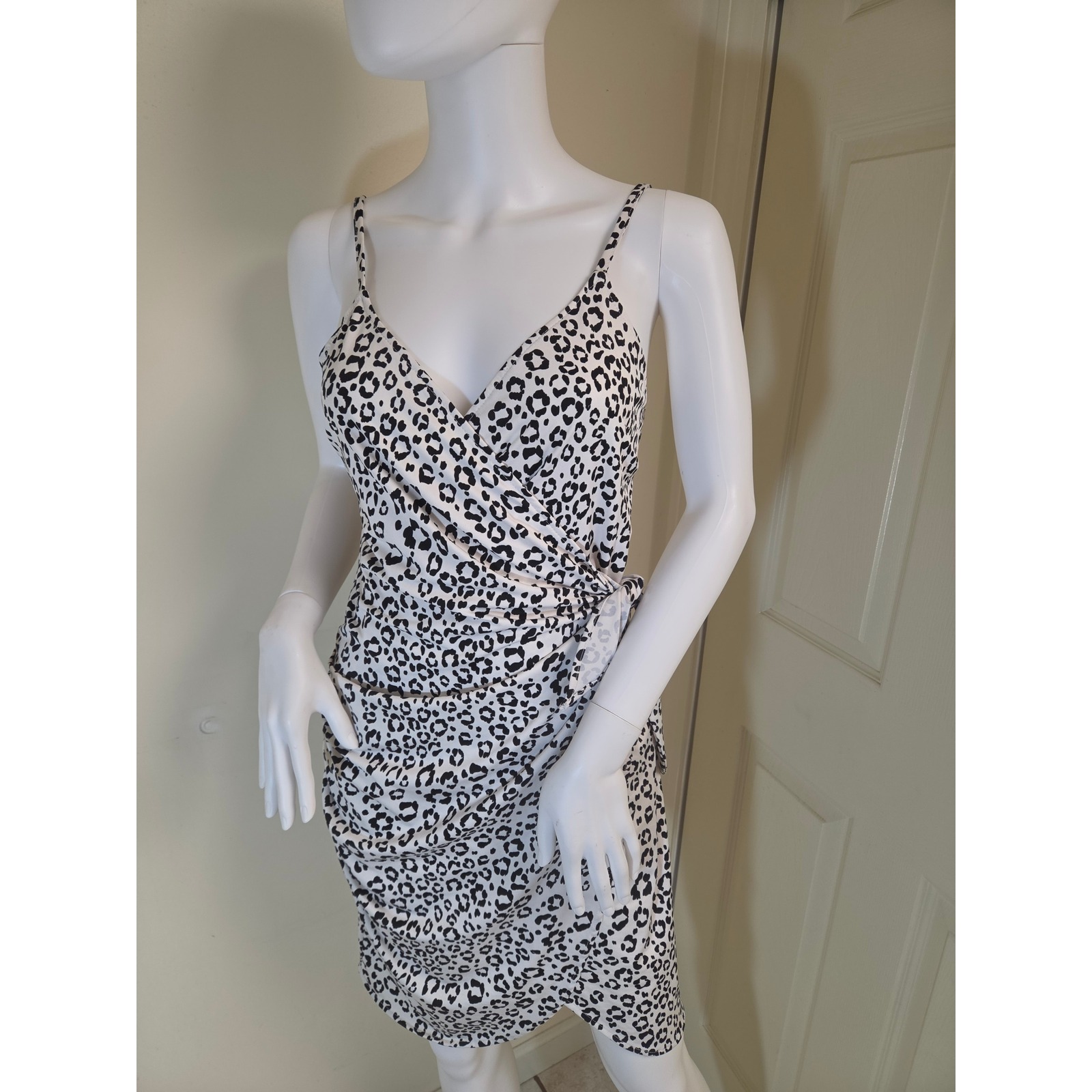 Aqua Womens Leopard Print Faux Wrap Mini Dress Black White Large Adjustable